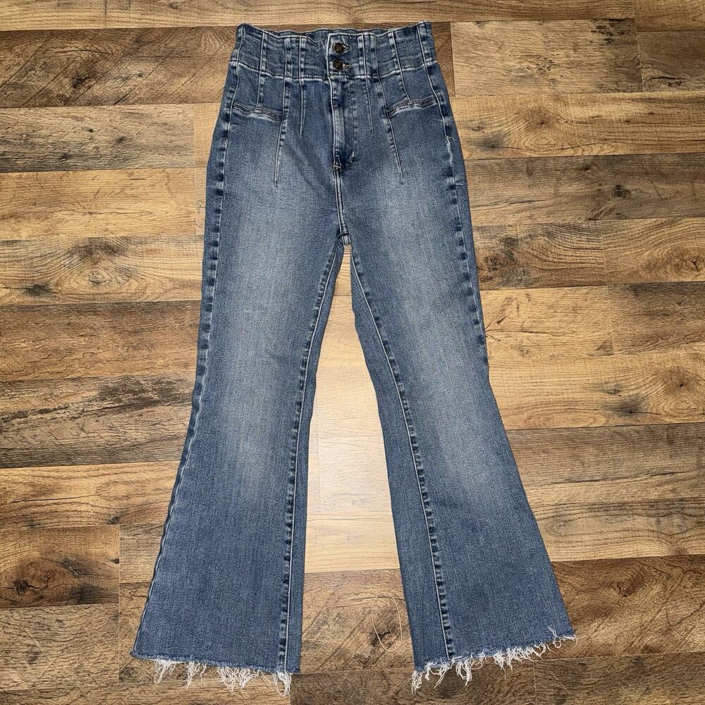 FREE PEOPLE Jayde High Rise Flare Bell Bottom Jeans Denim Stretch Raw Hem Sz 28